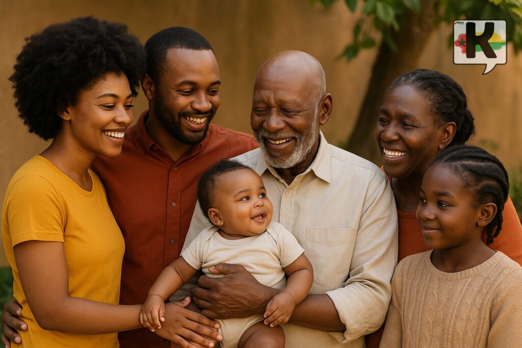 Photo de famille africaine avec trois générations, montrant un couple au centre entouré de membres plus âgés et plus jeunes, tous souriants.