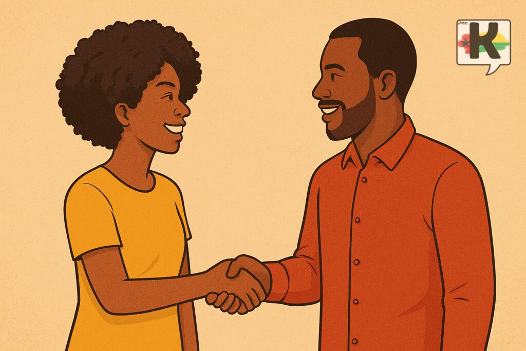 Illustration d’une jeune femme noire aux cheveux afros serrant la main d’un homme noir en souriant, pour représenter les salutations en Kriol de Guinée-Bissau.