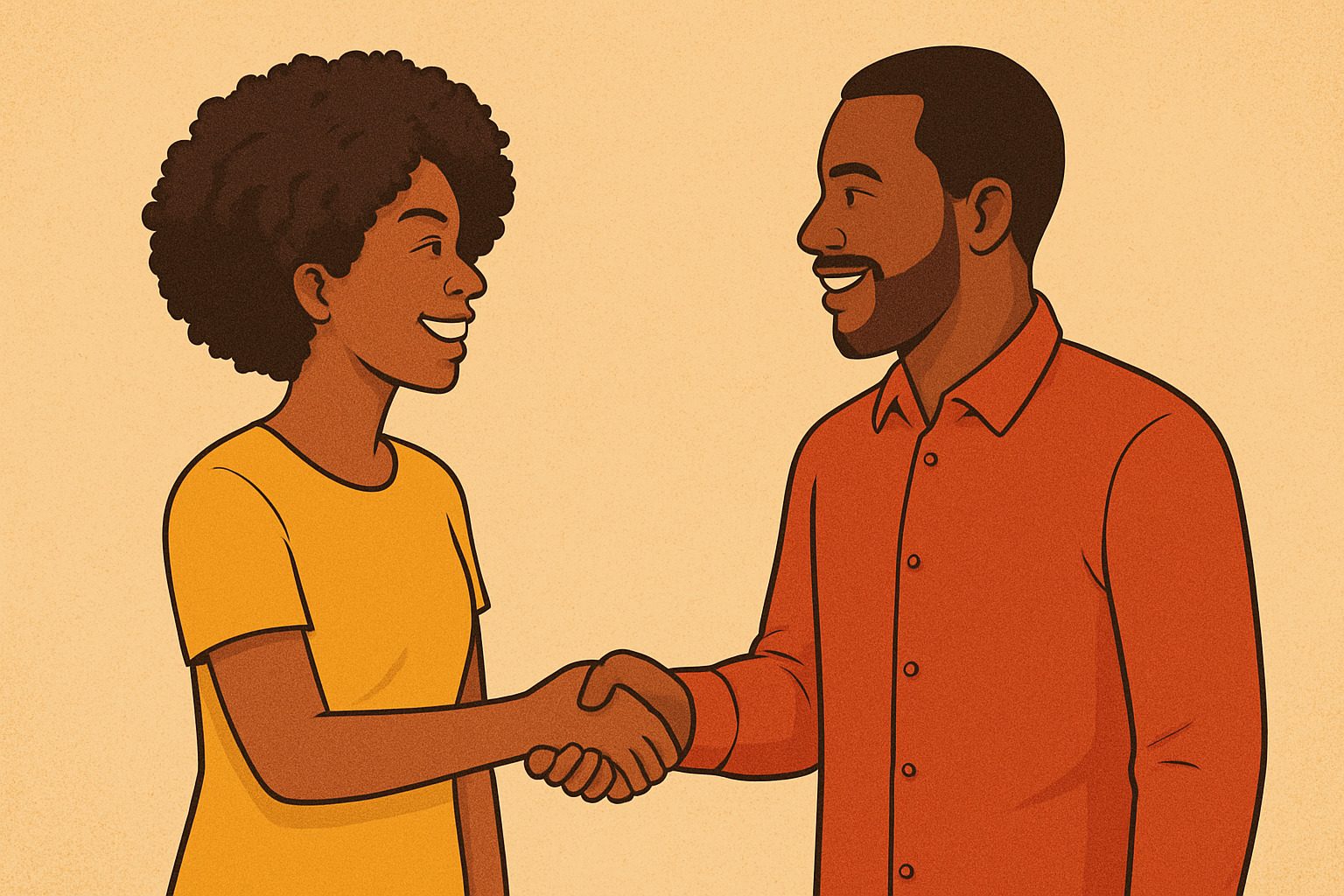 Illustration d’une jeune femme noire aux cheveux afros serrant la main d’un homme noir en souriant, pour représenter les salutations en Kriol de Guinée-Bissau.