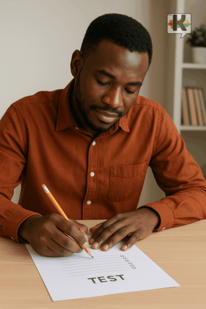 Jeune homme noir en chemise orange concentré en train de remplir un test de niveau sur une feuille, assis à un bureau