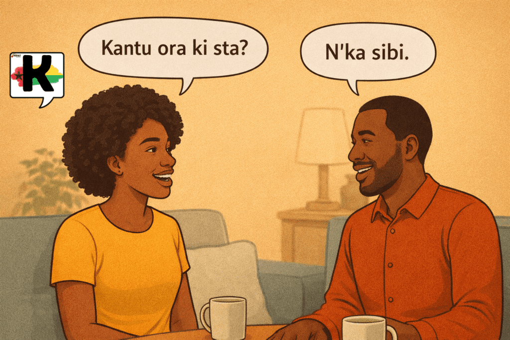 Illustration d’un couple noir assis au salon échangeant des phrases du quotidien en Kriol de Guinée-Bissau : “Kantu ora ki sta ?” et “N’ka sibi”.