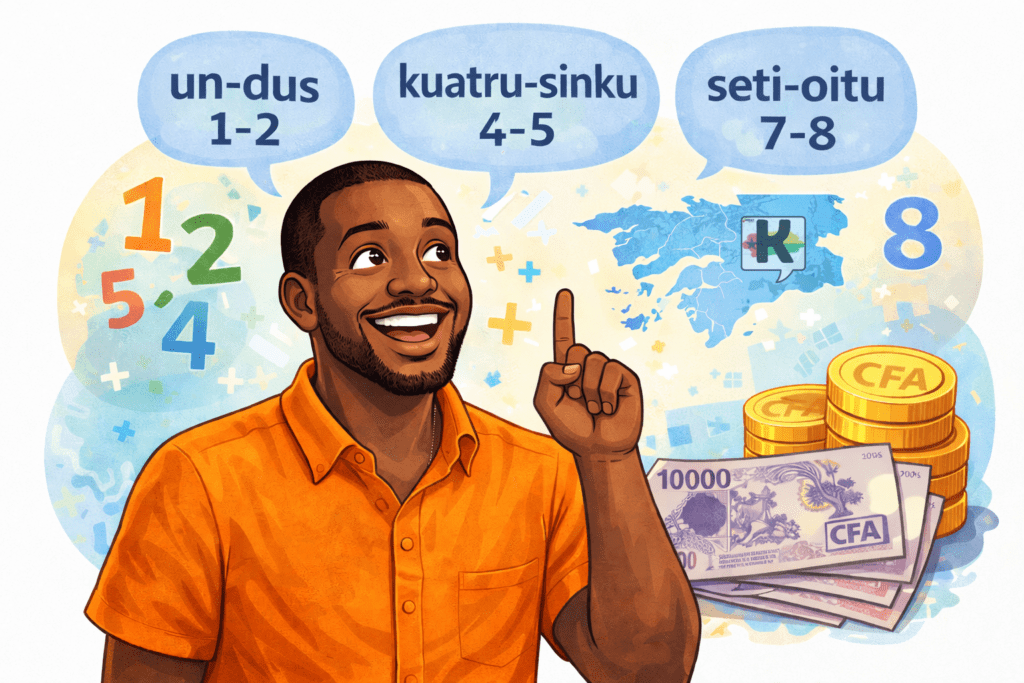 Illustration cartoon d’un homme noir en chemise orange apprenant à prononcer les chiffres en kriol de Guinée-Bissau. Des bulles affichent “un-dus (1-2)”, “kuatru-sinku (4-5)” et “seti-oitu (7-8)”. En arrière-plan figurent des chiffres colorés, des pièces et billets du franc CFA ainsi que la carte de la Guinée-Bissau, illustrant l’apprentissage des nombres et de la monnaie locale en kriol.